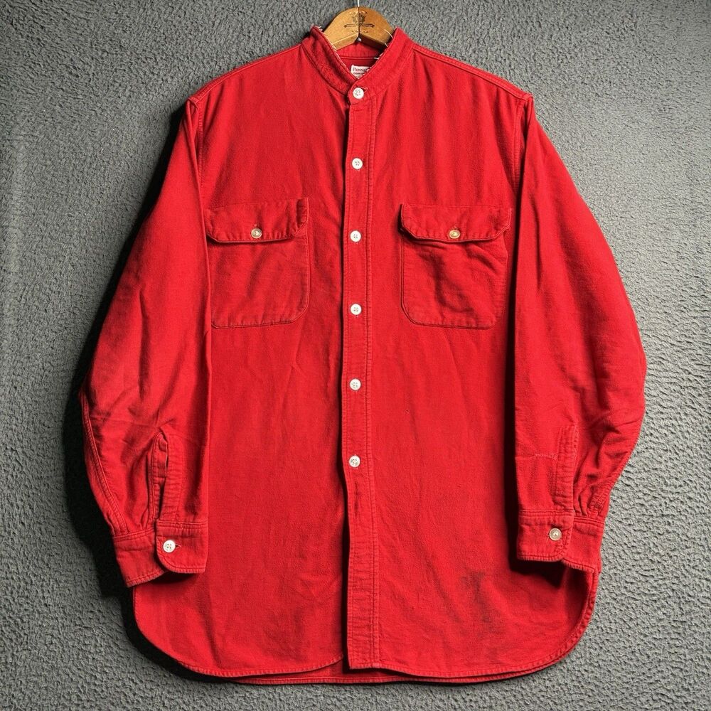Vintage Penneys Shirt Medium Chamois Flannel 60s Sanforized Band Collar USA Made